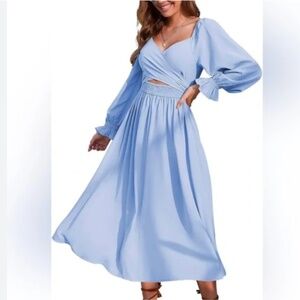 Light Blue Wrap-Front Midi Dress | Smocked Back | Long Sleeve